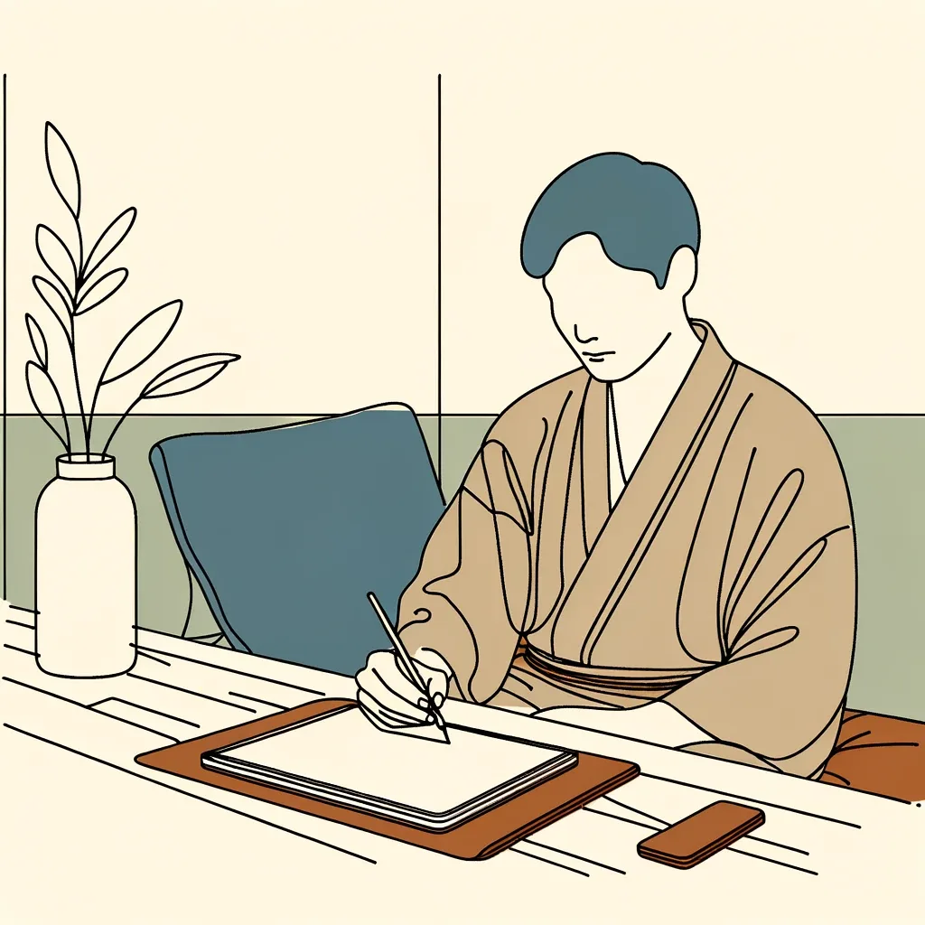 DALL·E 2023-10-29 03.11.23 - Minimal line drawing with colors of a serene person of Asian descent and male gender, sitting comfortably at a table, writing on a tablet that has the