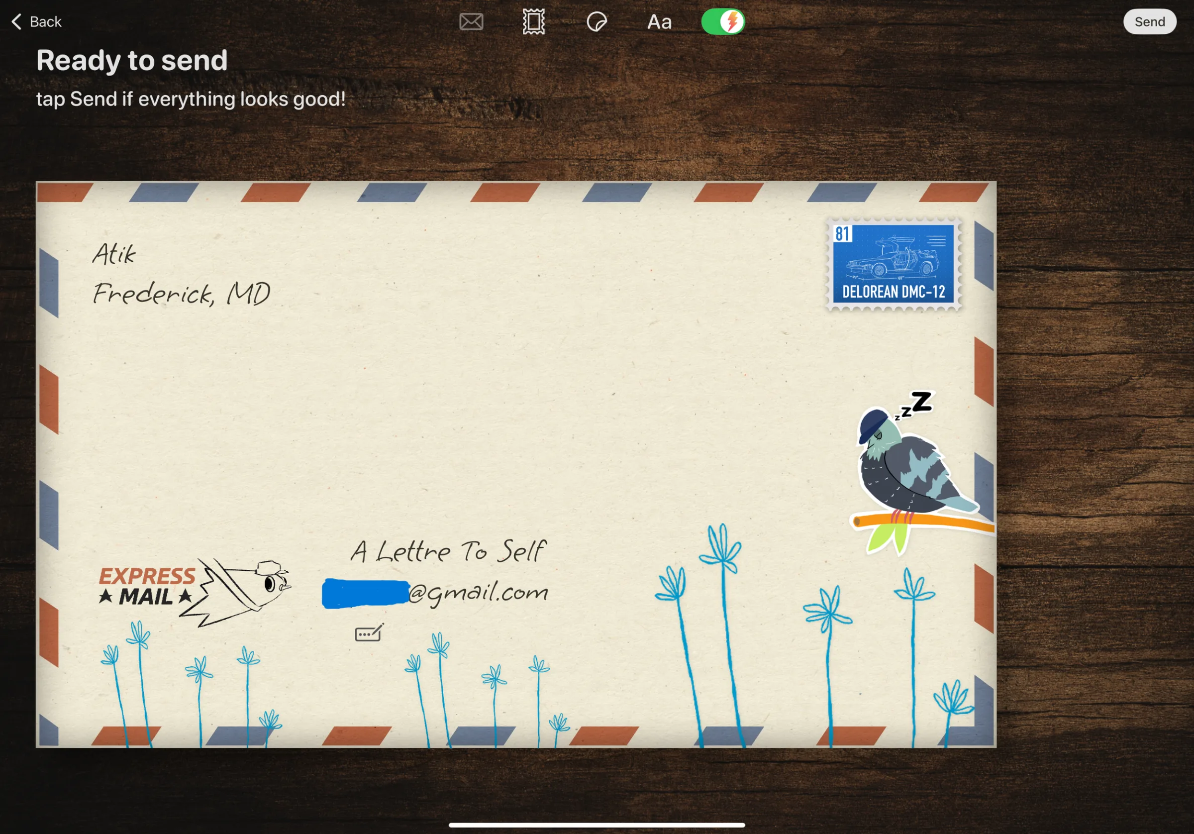 Preparing an express mail to schedule a lettre to self