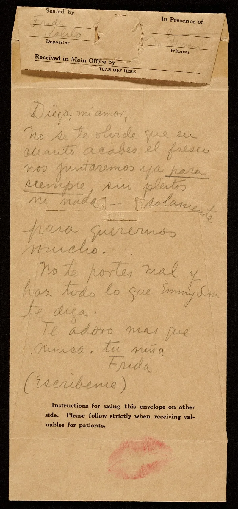 Frida Kahlo’s handwritten note to Diego Rivera, 1940.Source: Smithsonian Archives of American Art