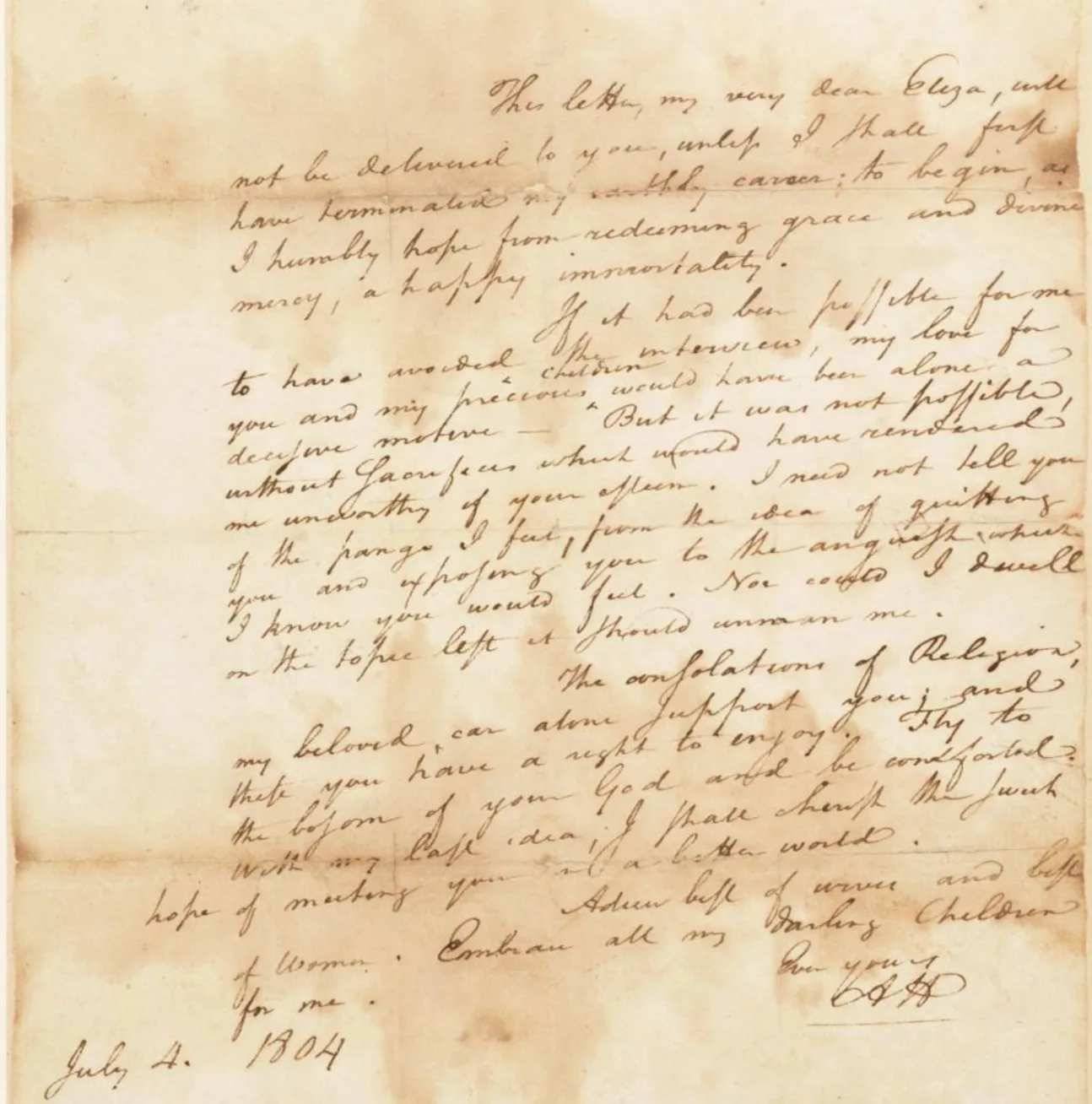 The First Farewell Letter (July 4, 1804) - penned by Alexander Hamilton for his wife Elizabeth Hamilton (1 of 2)