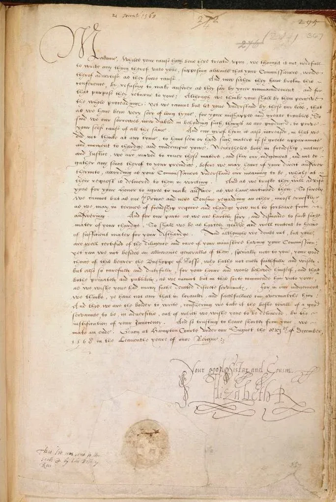 The letter Queen Elizabeth the first sent to Queen Mary | Letter from Elizabeth I to Mary, Queen of Scots, 21 December 1568. Cotton MS Caligula C I, f. 367. British Library Board